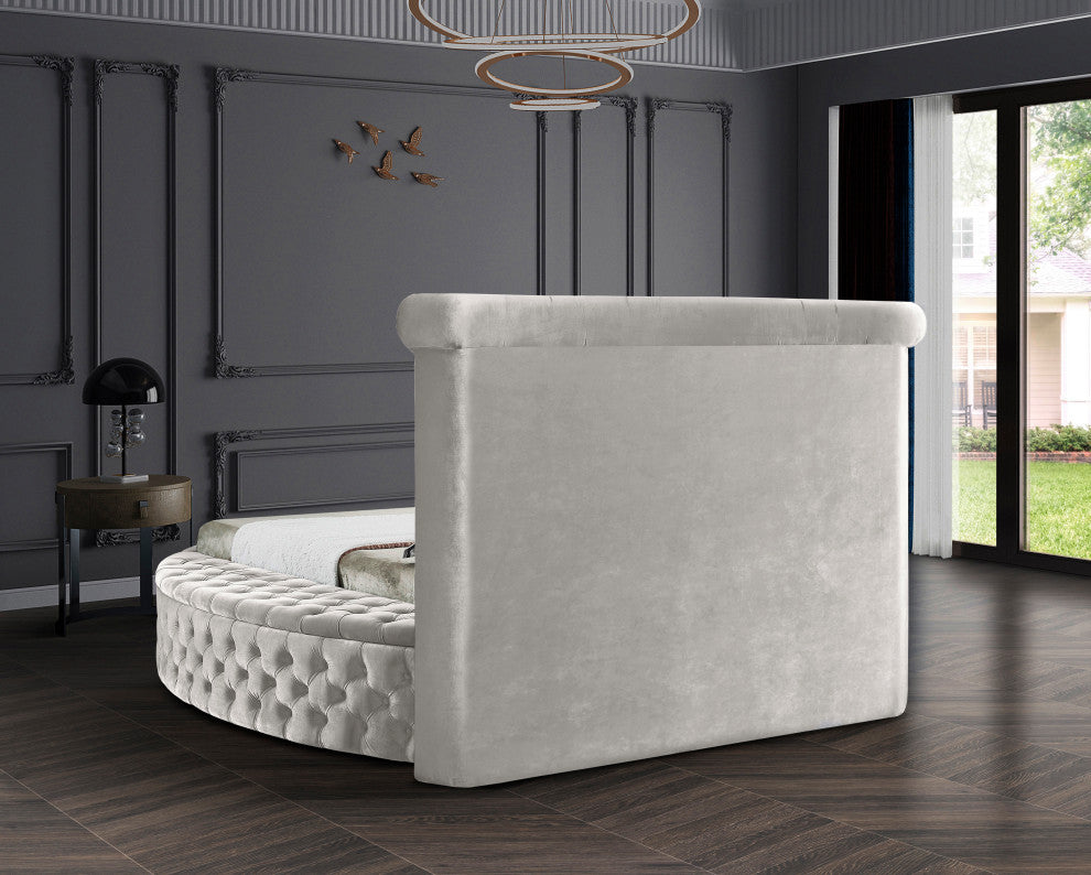 Luxus Button Tufted Velvet Round Bed, Cream, Queen