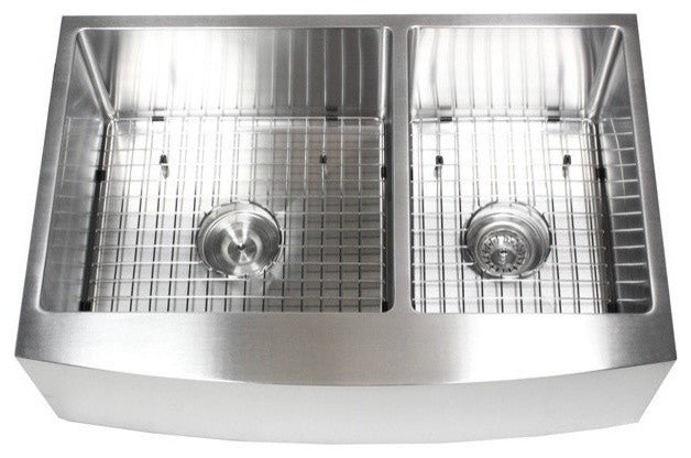 33" Curved Front Farm Apron 60/40 Double Bowl Kitchen Sink with