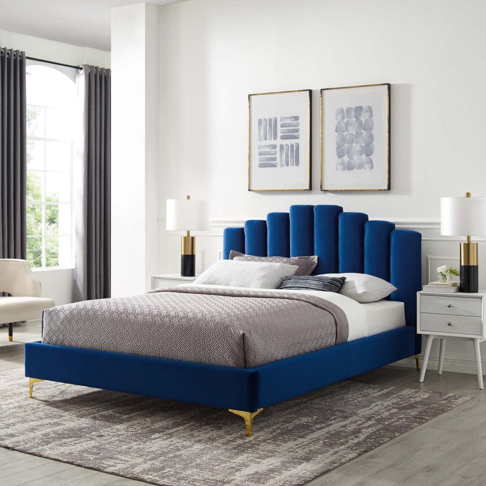 Platform Bed Frame, Queen Size, Velvet, Blue Navy, Modern Contemporary, Bedroom