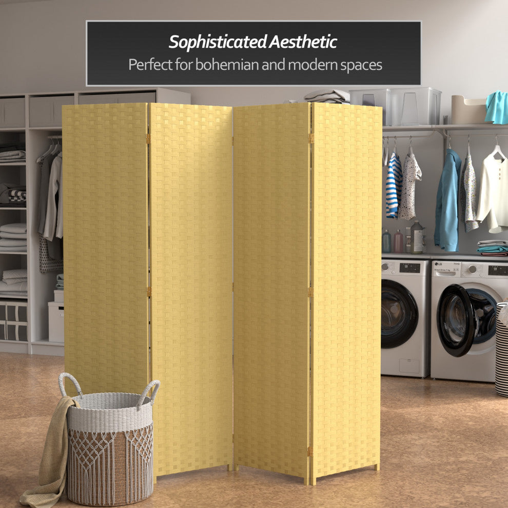 6' Tall Woven Fiber Room Divider, 4 Panel, Dark Beige