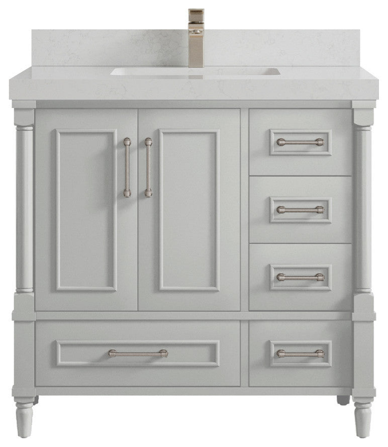 Aberdeen 36 Center Sink Bath Vanity in Coventry Gray 2" Carrara Quartz