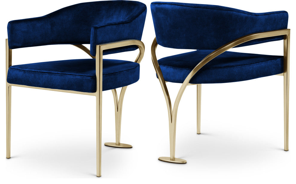 Madelyn Upholstered Dining Chair, Set of 2, Navy, Velvet, Gold Finish