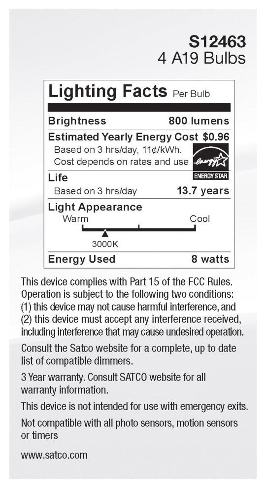 8W A19 LED, Clear, 3000K, Medium Base, 120V, 4-Pack