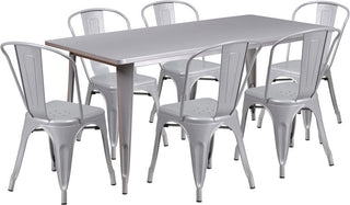 31.5''x63'' Rectangular Metal Indoor Table Set with 6 Stack Chairs, Silver
