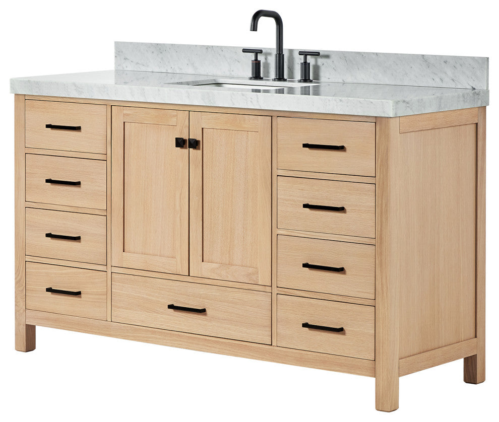 Cambridge 60" Single Bath Vanity With Italian Carrara Marble Top, Oak