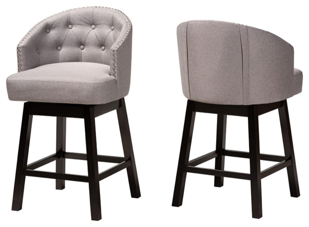 Gray Fabric and Espresso Brown Finished Wood 2-Piece Swivel Counter Stool Set
