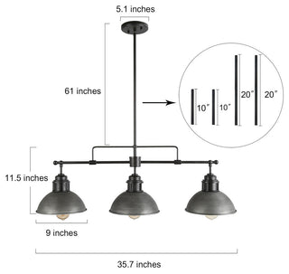 LALUZ 3-Light Linear Industrial Kitchen Island Lighting, Matte Black and Gray