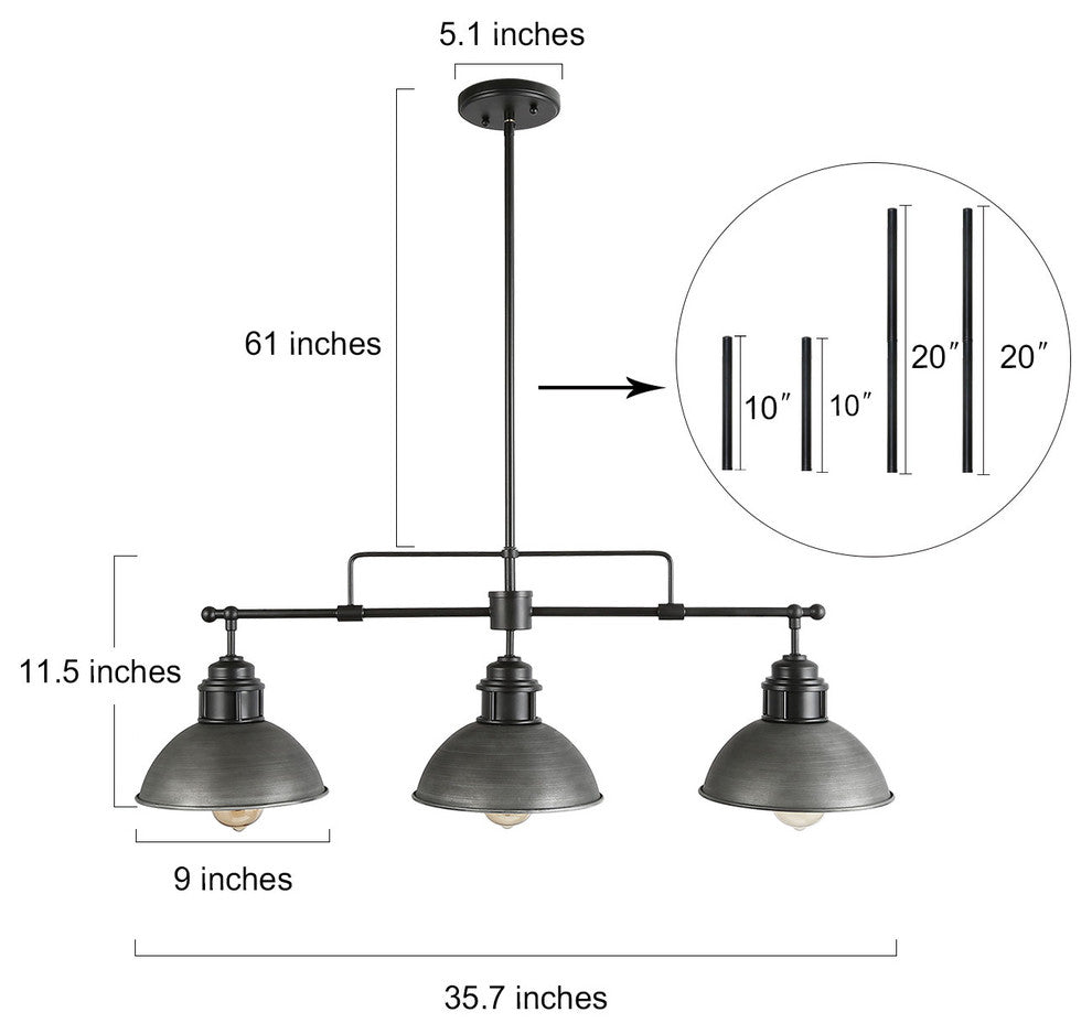 LALUZ 3-Light Linear Industrial Kitchen Island Lighting, Matte Black and Gray