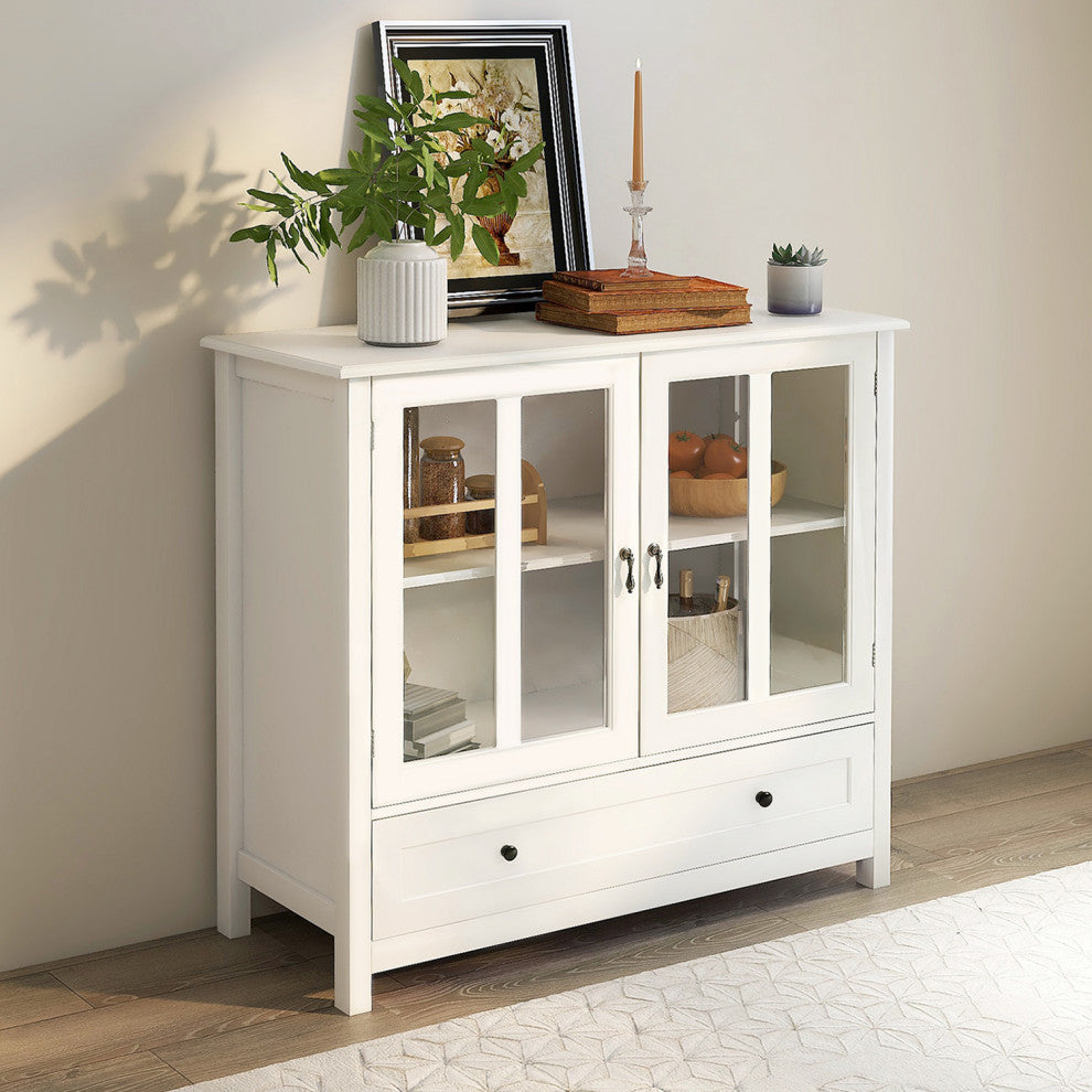 Wood Double Glass Door Accent Cabinet with Drawer