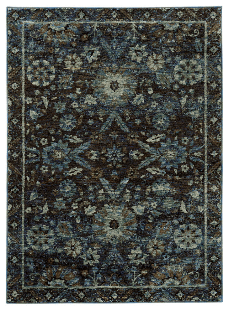 5' X 7' Navy Blue Oriental Power Loom Area Rug