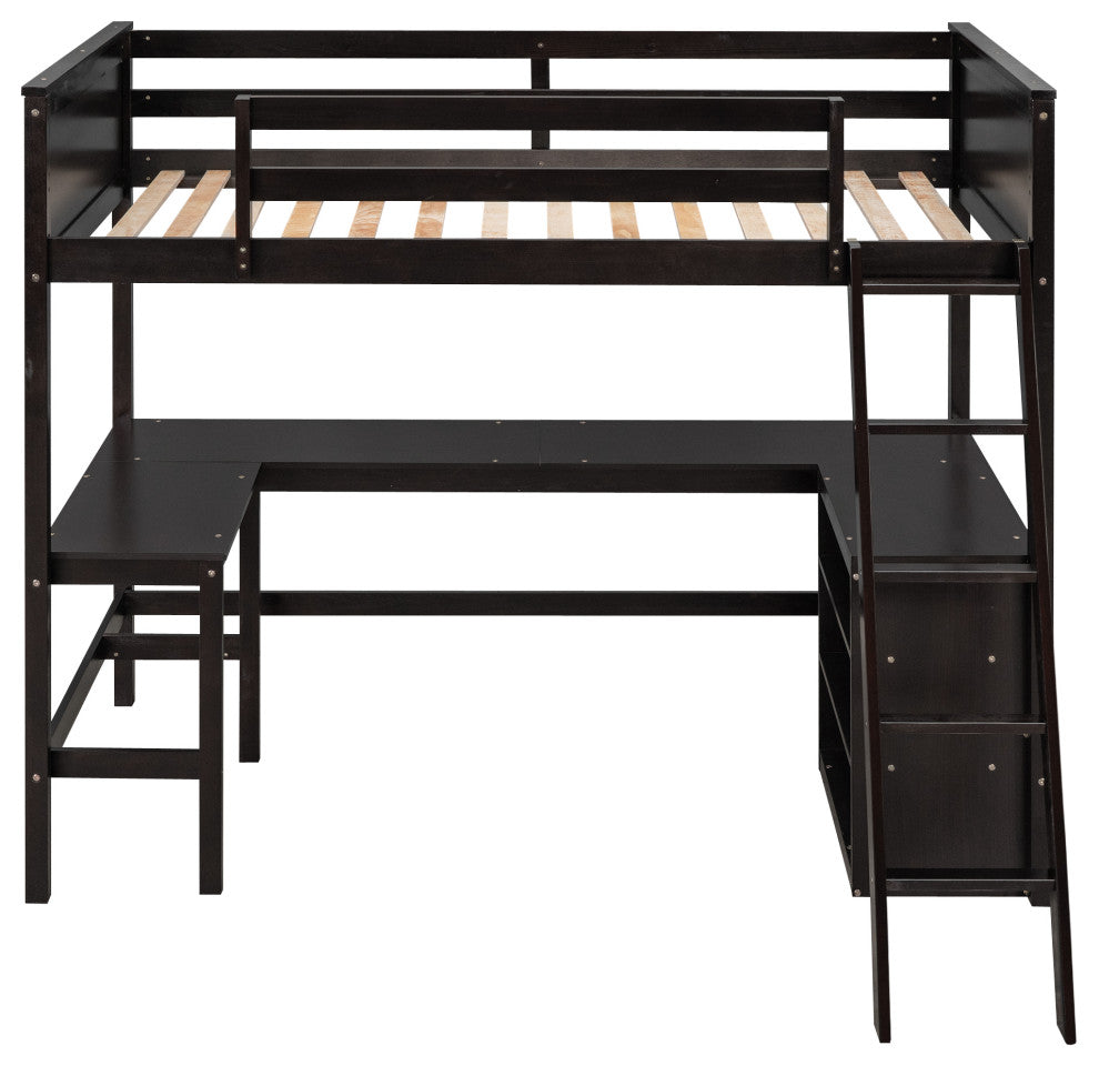 Gewnee Twin size Wood Loft Bed with Shelves and Desk in Espresso
