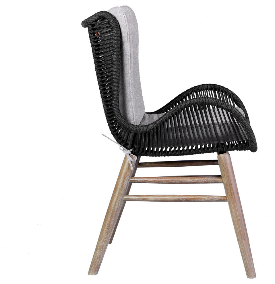 Fanny Outdoor Patio Dining Chair, Light Eucalyptus Wood and Charcoal Rope