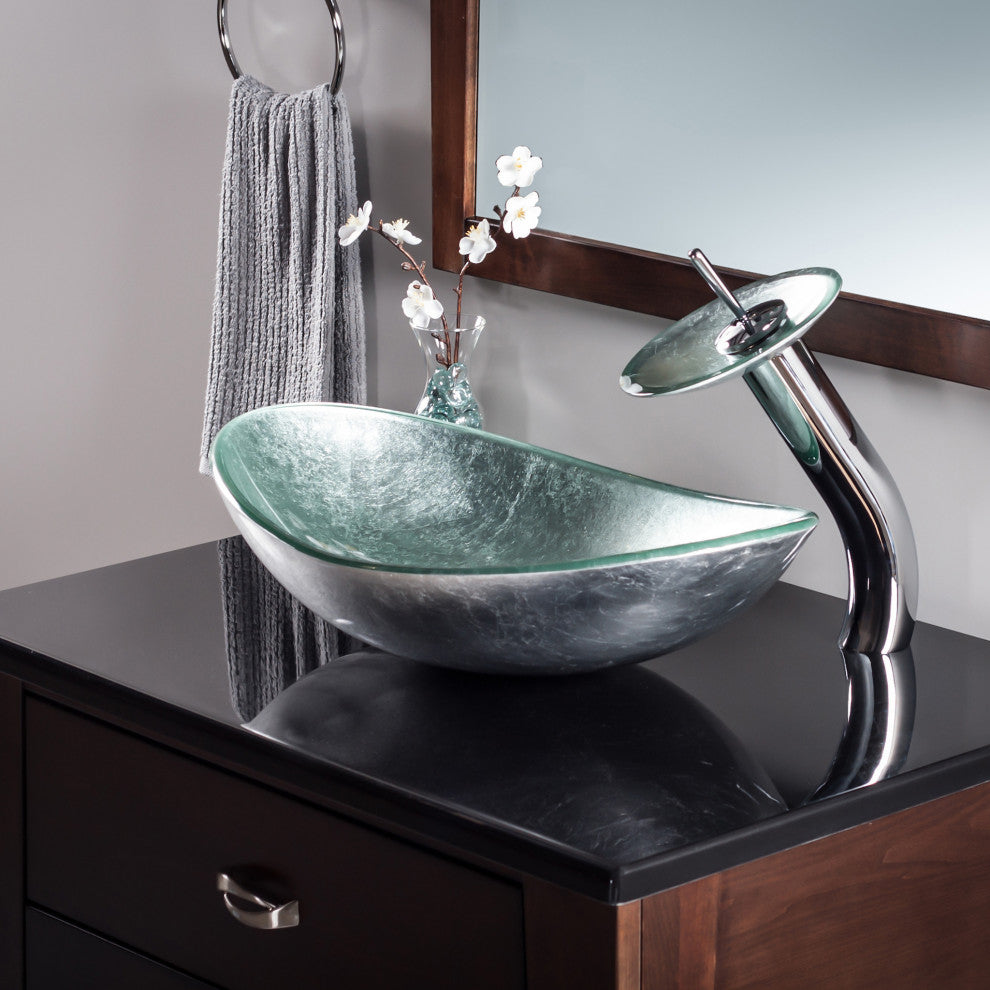 Argento Slipper Silver Foiled Glass Vessel Bath Sink Combo with Faucet and Drain, Brushed Nickel