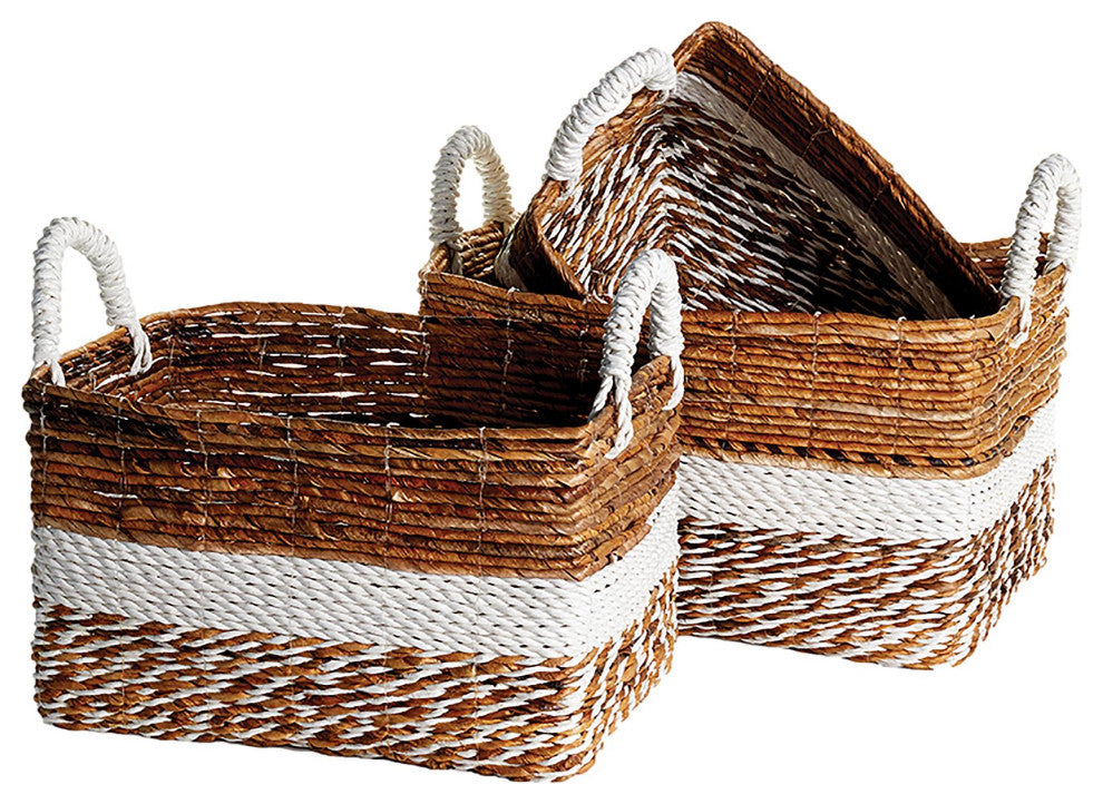 Set 3 Coastal Casual Natural Raffia Wide White Stripe Tote Baskets Handle Large