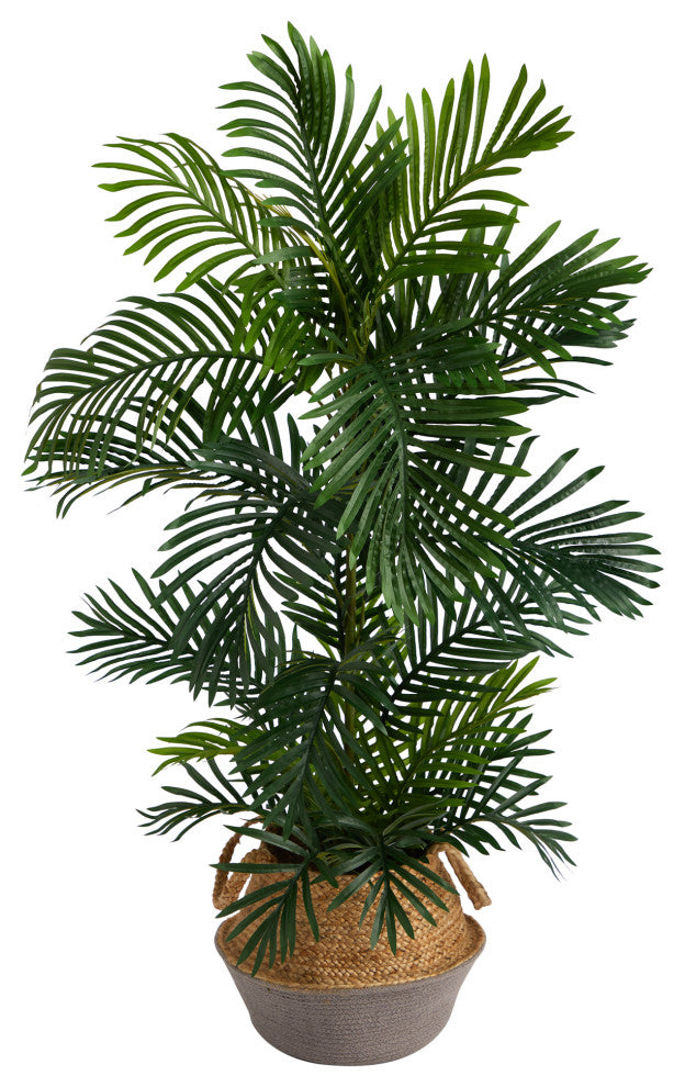 4' Areca Faux Palm Tree, Boho Chic Handmade Cotton & Jute Gray Woven Planter