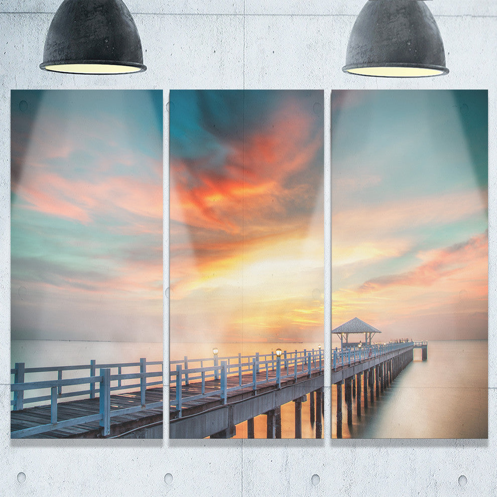 "Fascinating Sky and Wooden Bridge" Sea Pier Metal Wall Art, 3 Panels, 36"x28"
