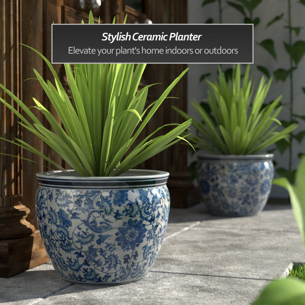 16" Floral Blue and White Porcelain Fishbowl