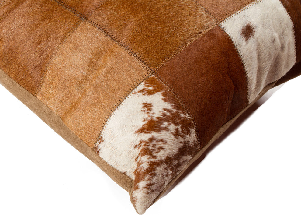 Torino Patchwork Cowhide Pillow, Brown/White, 18"x18"