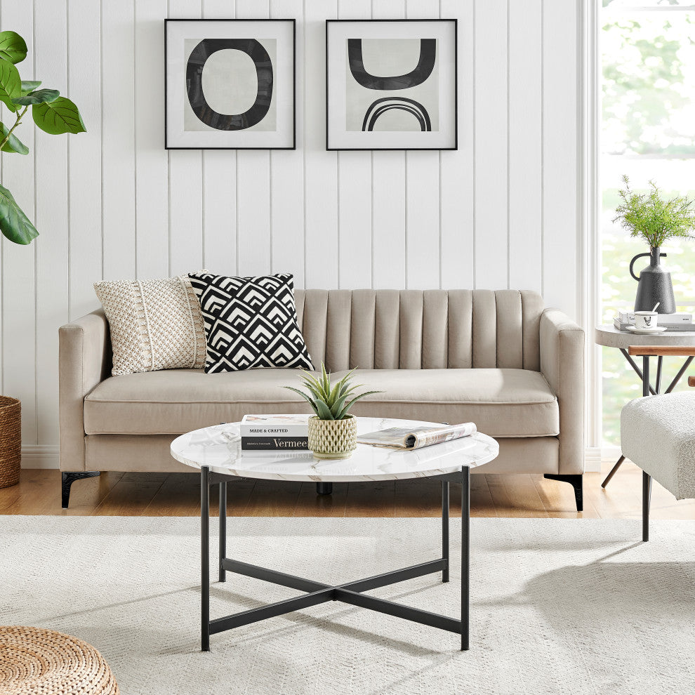 Round Contemporary Marble Finish Veneer Top Black Coffee Table, White/Black