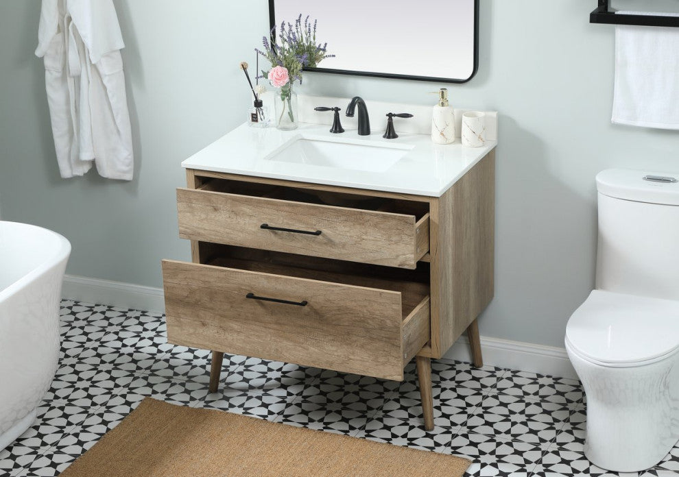 Bella 36" Midcentury Modern Natural Oak-Light Bathroom Vanity