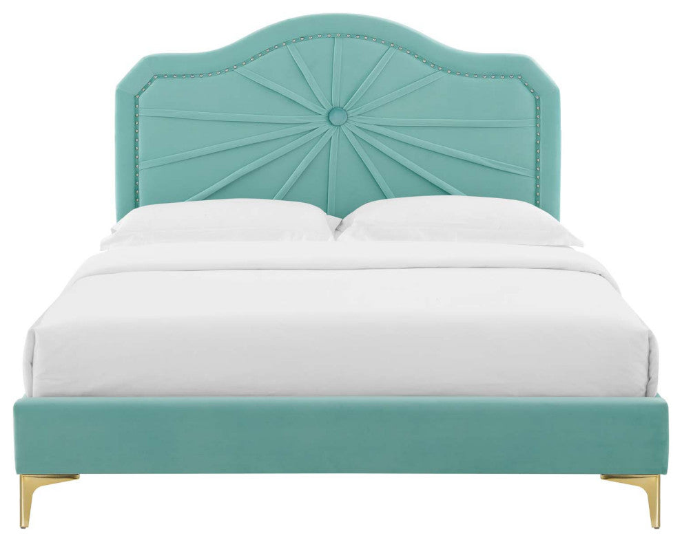 Platform Bed Frame, Full Size, Velvet, Blue, Modern Contemporary, Bedroom Master