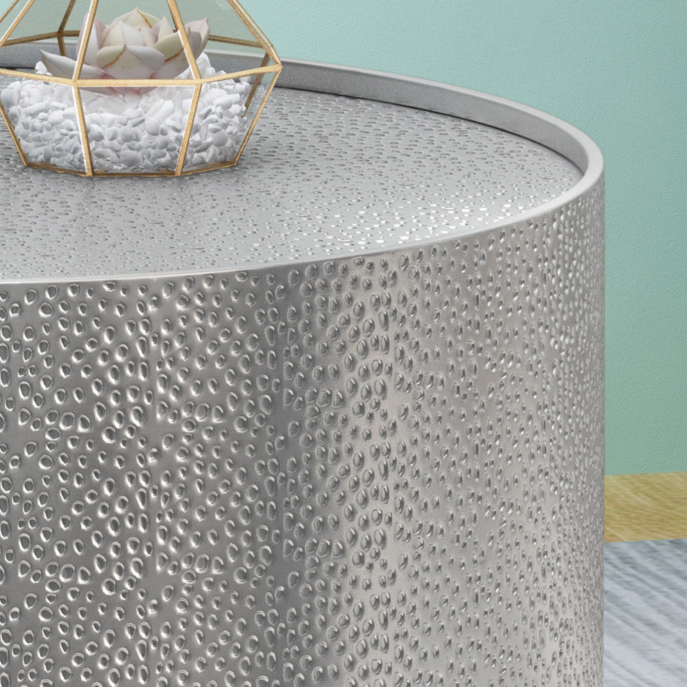 Unique Round Coffee Table, Hammered Metal Body With Cylindrical Shape, Silver
