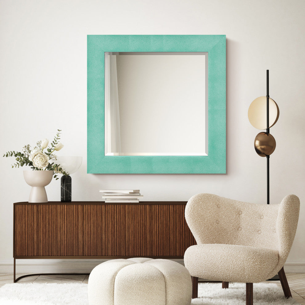 Beveled Wall Mirror, Teal Metallic Shagreen Leather Framed Square Mirror 48x48