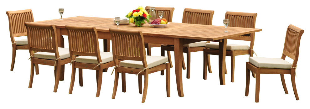 9-Piece Outdoor Teak Dining Set, 122" X-Large Rectangle Table, 8 Arbor Chairs