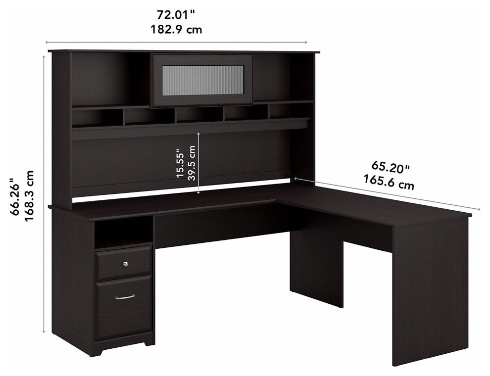 Cabot L Shaped Computer Desk With Hutch and Drawers, Espresso Oak