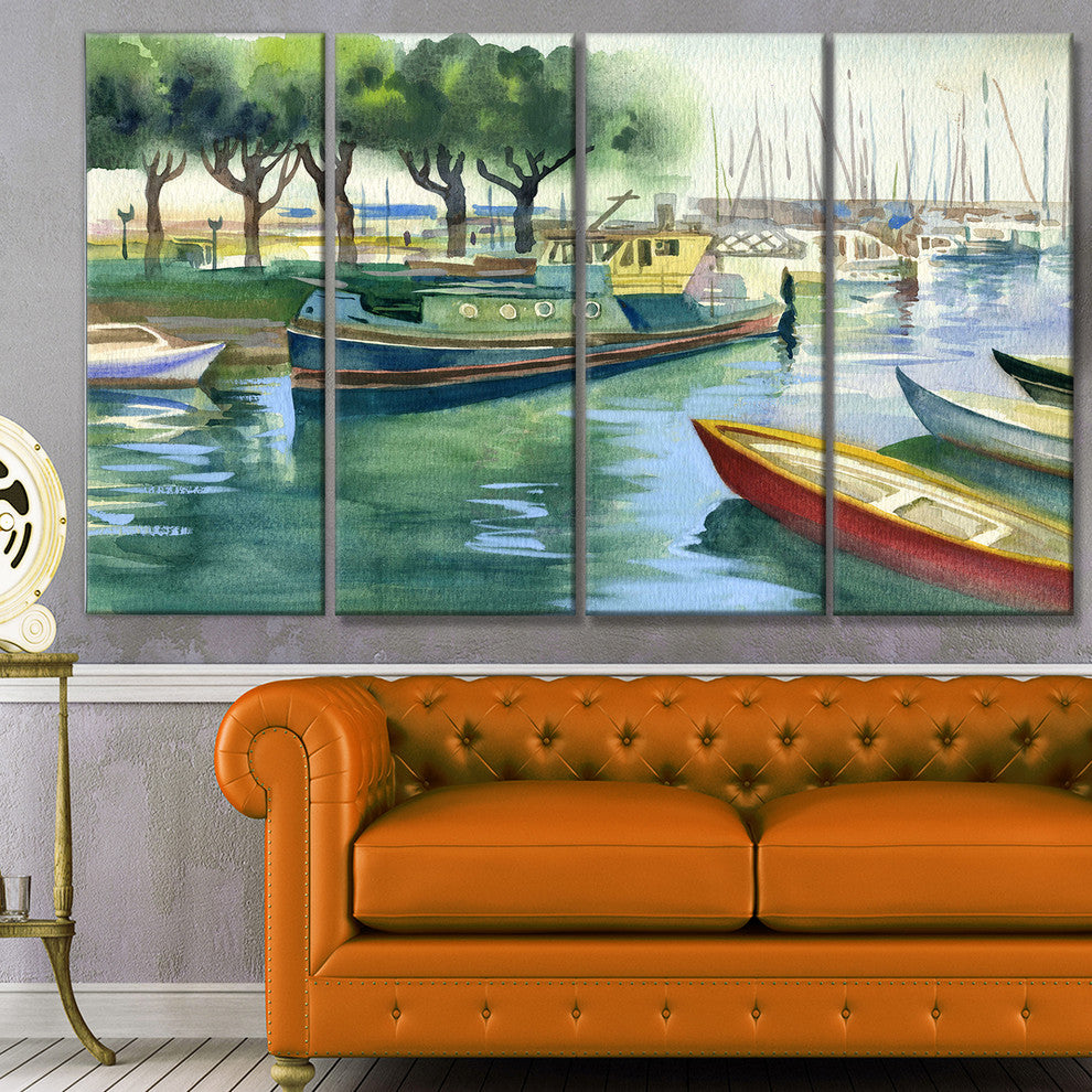 Boats in River Watercolor, Landscape Canvas Art Print, 48"x28", 4 Panels