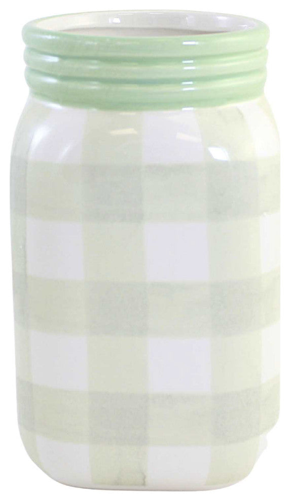 Tabletop Plaid Container Jar Dolomite Planter Utensil Holder A7000 Green
