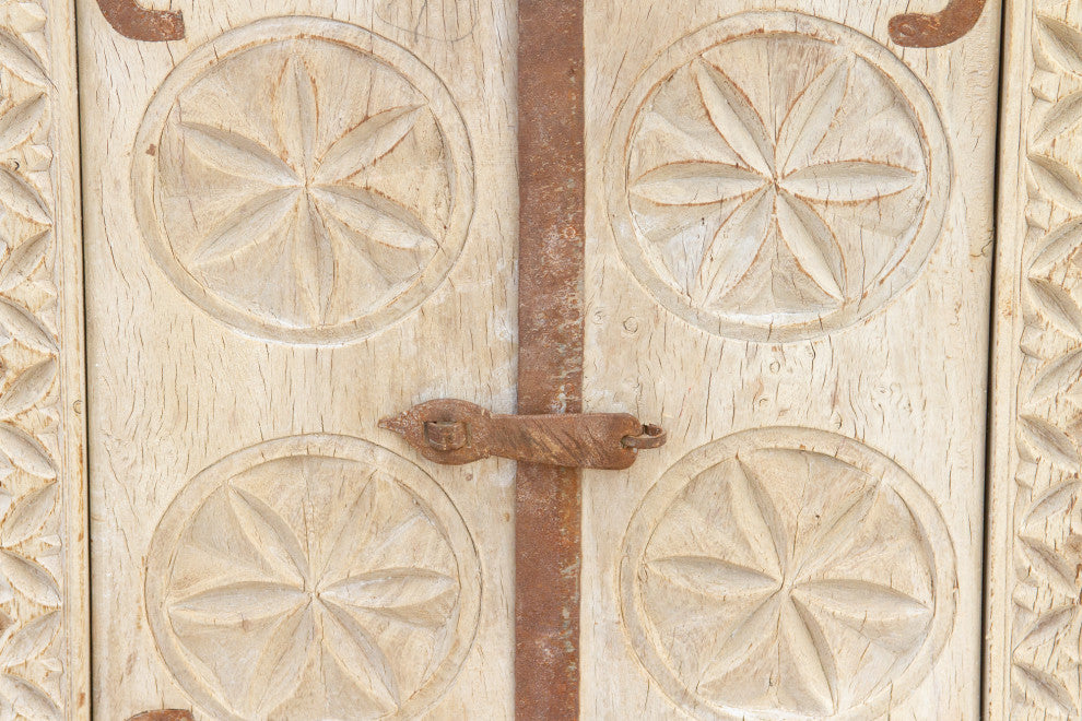 Small Bleached Wood Carved Nightstand