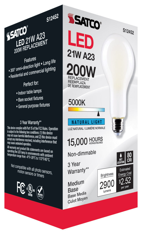 21W, A23 LED, Frost Finish, Medium Base, 5000K, 120V
