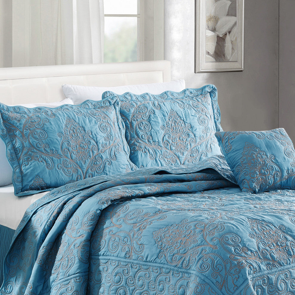 Damask Embroidered Quilted 4 Piece Bed Spread Sets, Forget Me Not, Queen