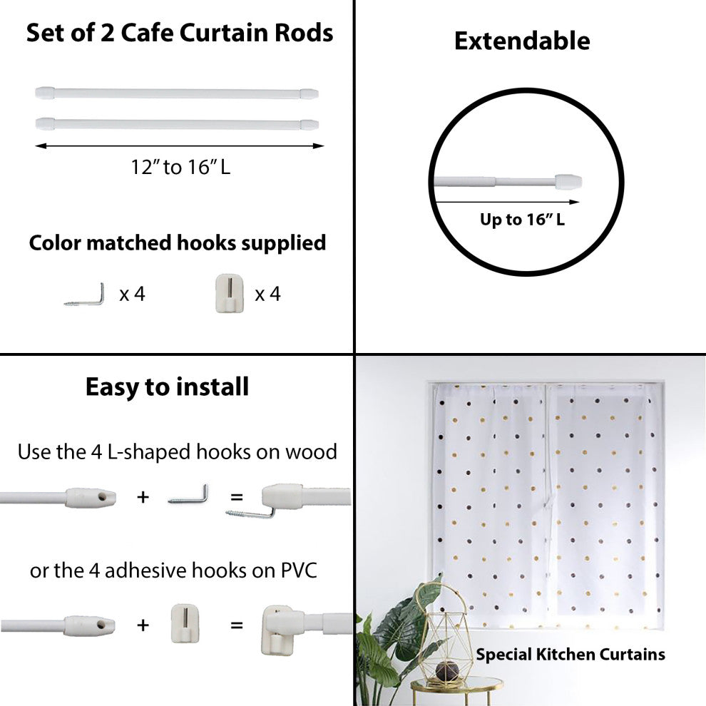 Bundle 2 Cafe Curtain Rods and 4 Self Adhesive Hooks, White, 12" to 16"
