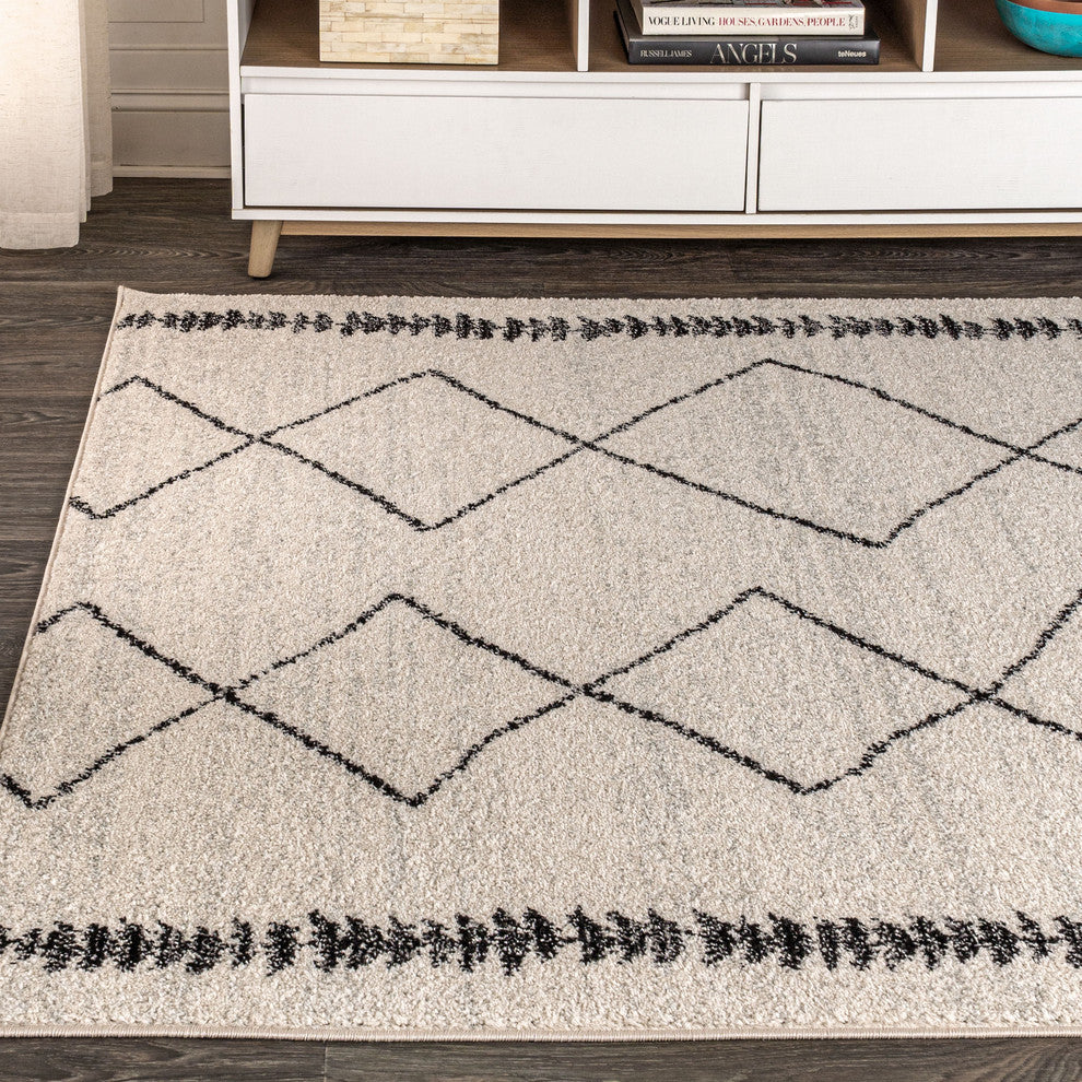 Zaina Moroccan Beni Souk Area Rug, Cream/Black, 8 X 10