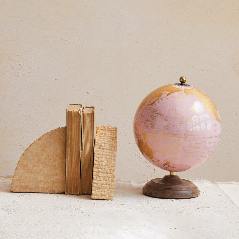 Metal and Plastic Globe on Mango Wood Stand, Pink, Gold, and Natural