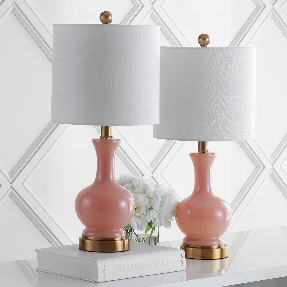 Cox 22" Glass and Metal Led Table Lamp, Set of 2, Light Coral and Brass Gold