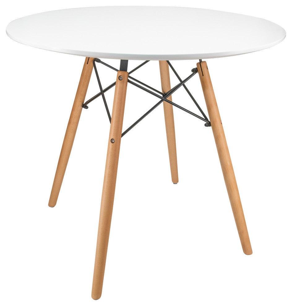 LeisureMod Dover Round Bistro Dining Table With Natural Wood Eiffel Base, White