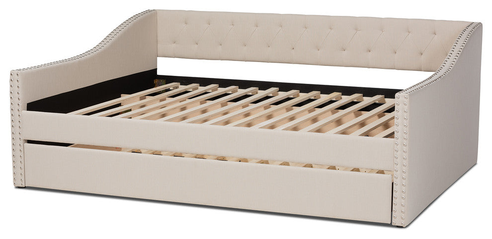 Norys Fabric Upholstered Size Daybed, Beige, Queen, Roll-Out Trundle
