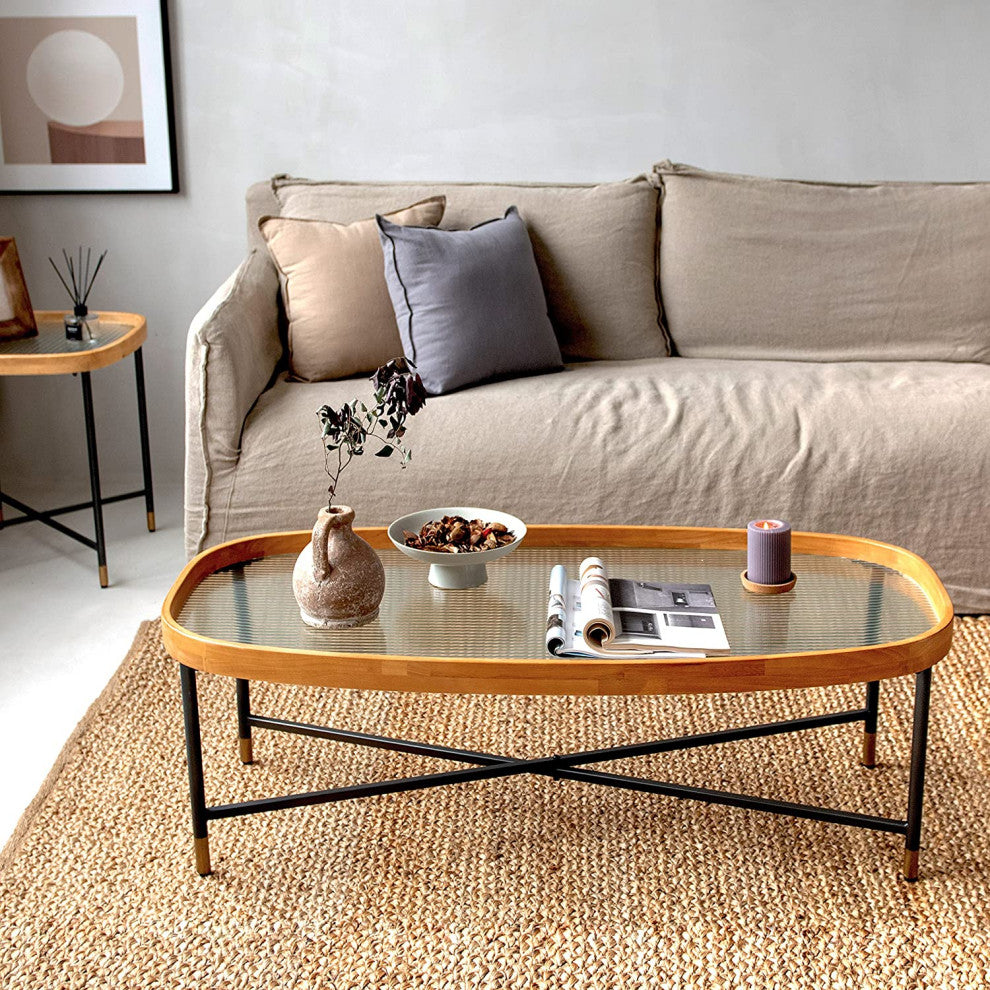 Tempered Architectural Glass Top Coffee Table, Rubberwood Tray and Metal Frame