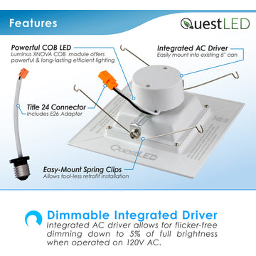 LED Square Retrofit Downlight, Dimmable, 120V, Warm White 3000k, 6", Single