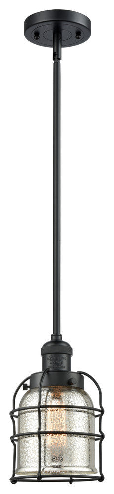 1-Light Small Bell Cage 8" Mini Pendant, Matte Black, Glass: Silver Mercury