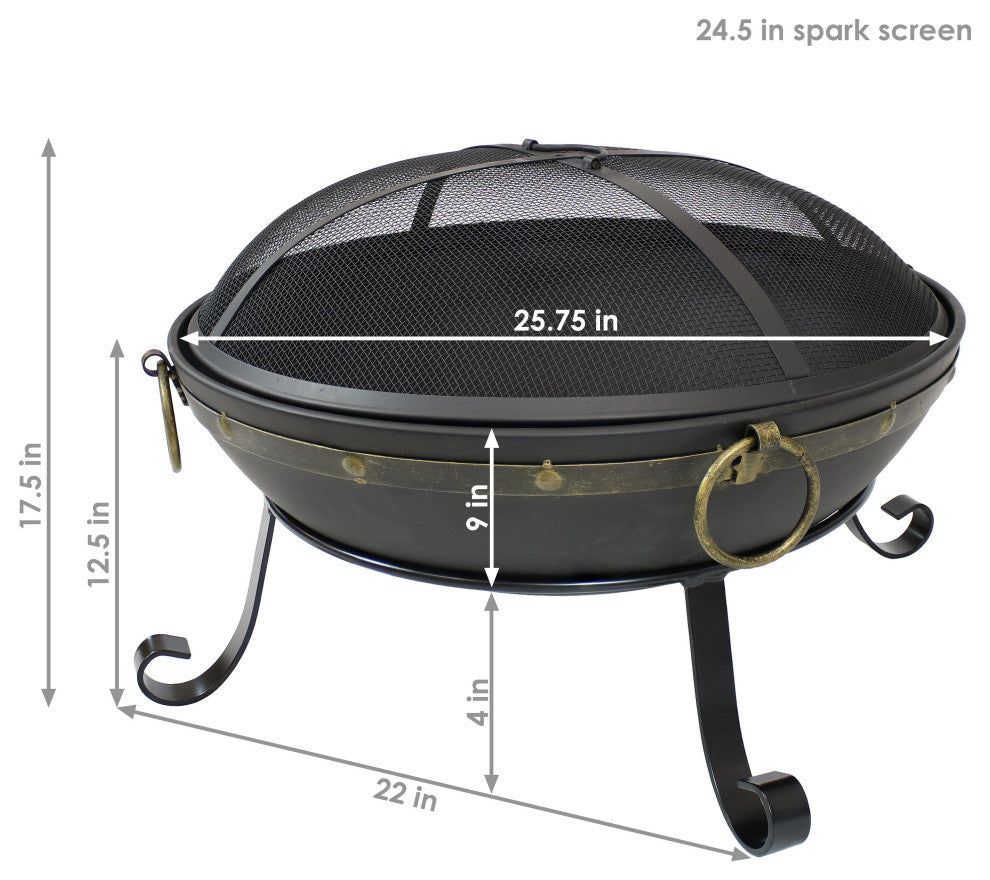 Sunnydaze 25" Fire Pit Steel Victorian Design With Handles and Spark Screen