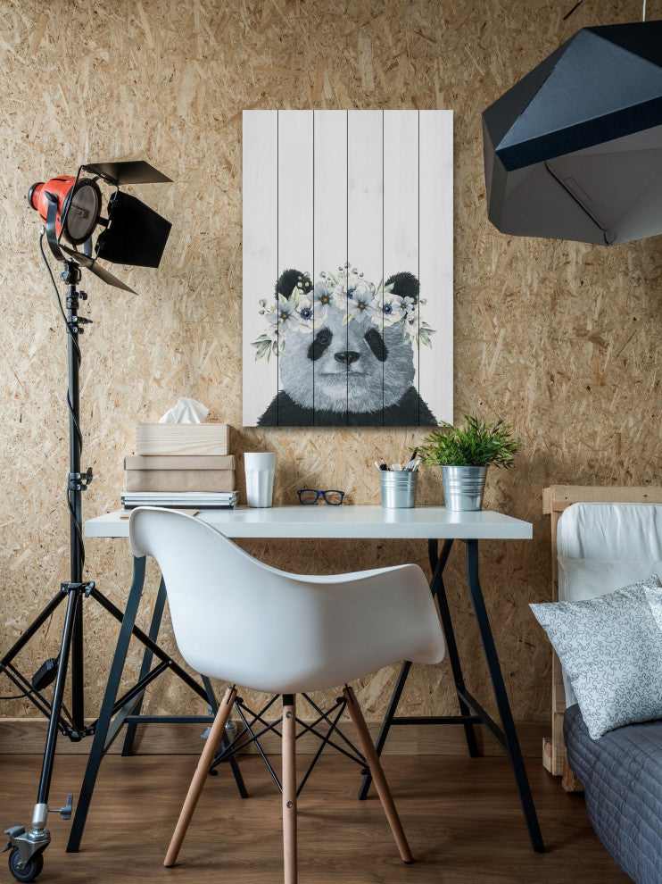 "Floral Crowned Panda" Painting Print on White Wood, 40x60