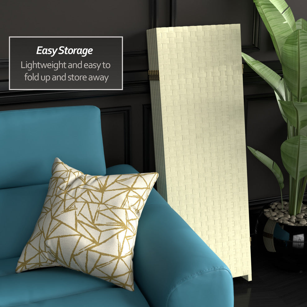 4' Tall Woven Fiber Room Divider, Cream, 6 Panel