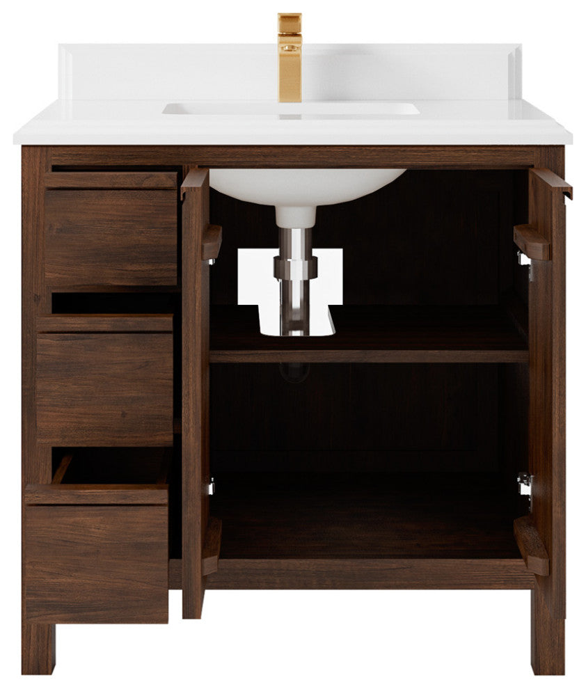 Elizabeth 36 Center Sink Bath Vanity in Dark Walnut Teak 1.5" Empira Quartz