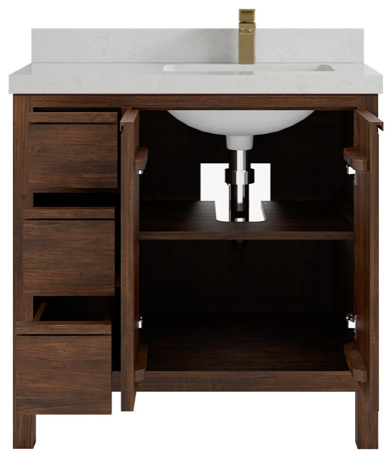 Elizabeth 36 Right Offset Bath Vanity in Dark Walnut Teak 2" Carrara Quartz