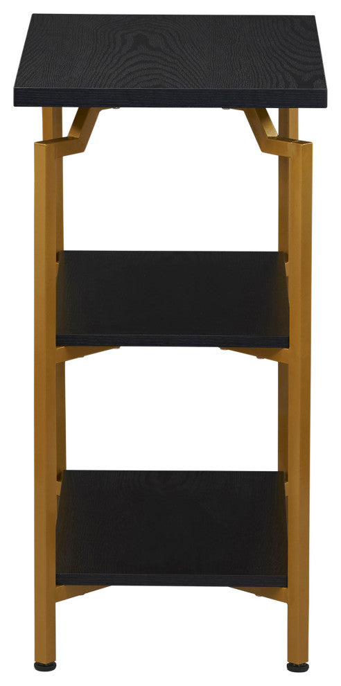 Crown Narrow 3 Shelf Open Storage Bookshelf Black Oak Wood Grain and Gold Metal