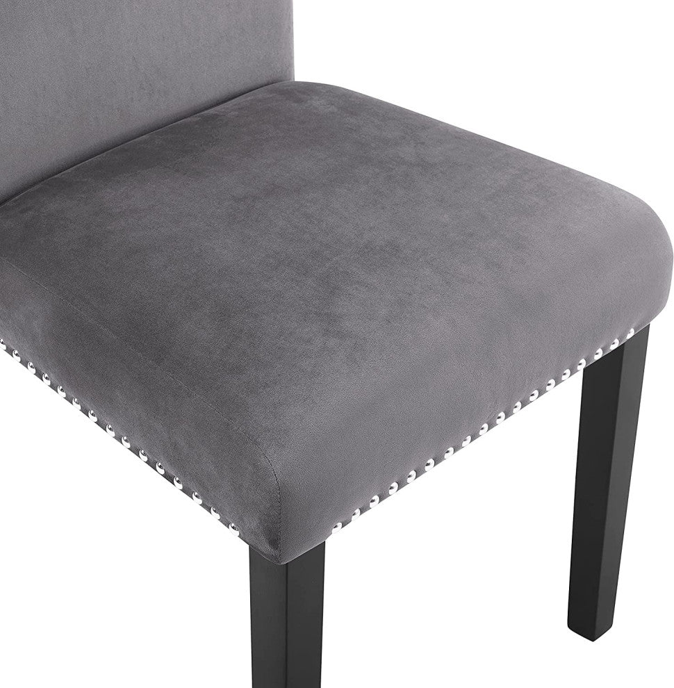 Set of 2 Dining Chair, Gray Velvet Seat & Back With Silver Nailhead Trim Accents